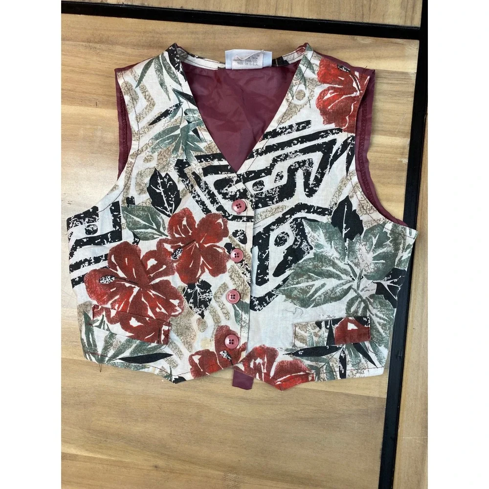 Vintage Peddlers Floral Vest Kids Small Sleeveless Button Up‎ Burgundy
